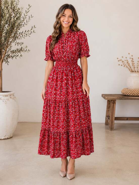 Max Studio Dresses & Skirts - Max Studio Red Floral Tiered Maxi Dress Smocked Waist Boho Cottagecore S